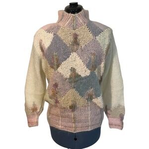 Lauren Hansen Hand Knit Argyle Mock Neck Pastel Sweater Preppy Chic Cozy 80s M